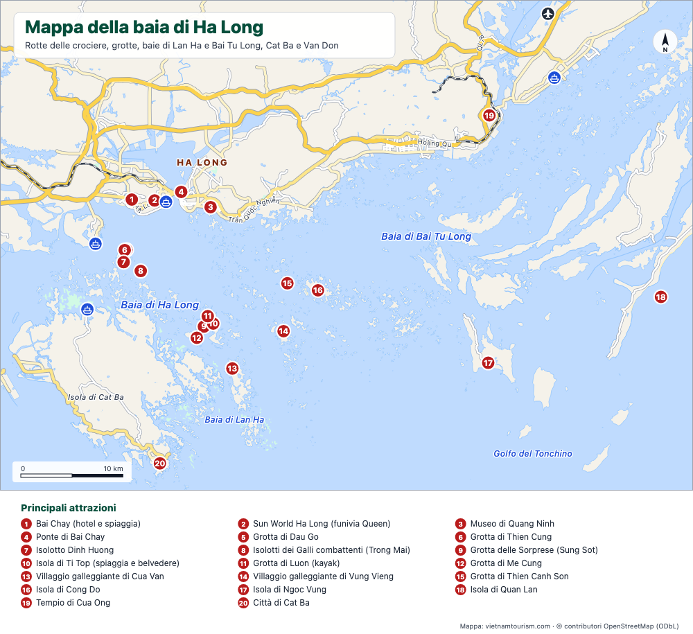 Mappa della baia di Ha Long, della baia di Lan Ha e della baia di Bai Tu Long con 25 luoghi numerati