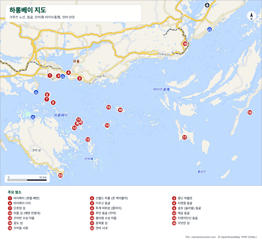 25개 번호 명소가 표시된 하롱베이, 란하베이, 바이뜨롱베이 지도