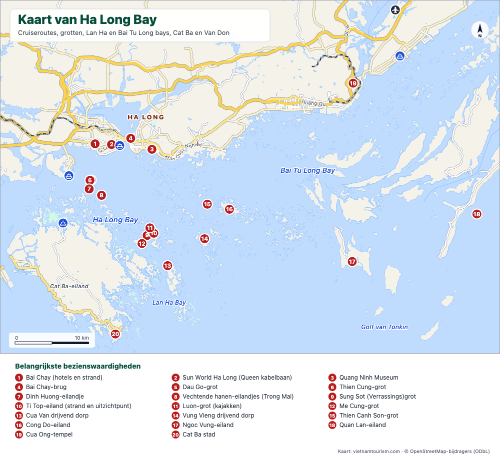 Kaart van Ha Long Bay, Lan Ha Bay en Bai Tu Long Bay met 25 genummerde plaatsen