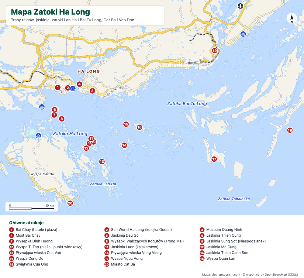 Mapa zatoki Ha Long, zatoki Lan Ha i zatoki Bai Tu Long z 25 ponumerowanymi miejscami