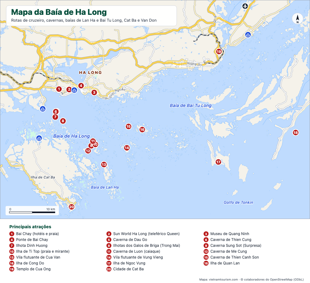 Mapa da Baía de Ha Long, da Baía de Lan Ha e da Baía de Bai Tu Long com 25 lugares numerados