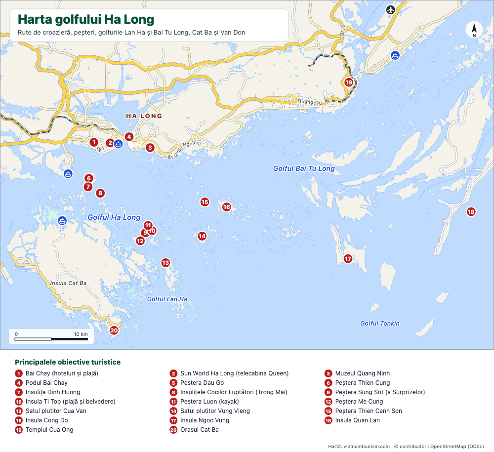 Hartă a golfului Ha Long, a golfului Lan Ha și a golfului Bai Tu Long cu 25 de locuri numerotate