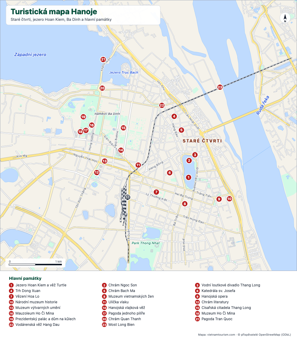 Turistická mapa centra Hanoje s 23 očíslovanými místy, hlavními ulicemi, jezery a Rudou řekou