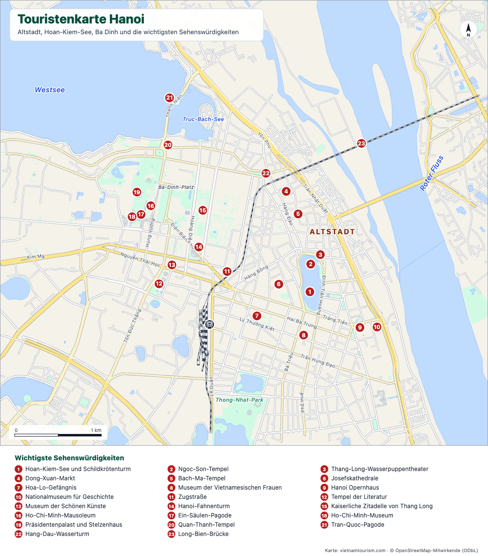 Touristenkarte des Zentrums von Hanoi mit 23 nummerierten Sehenswürdigkeiten, Hauptstraßen, Seen und Rotem Fluss