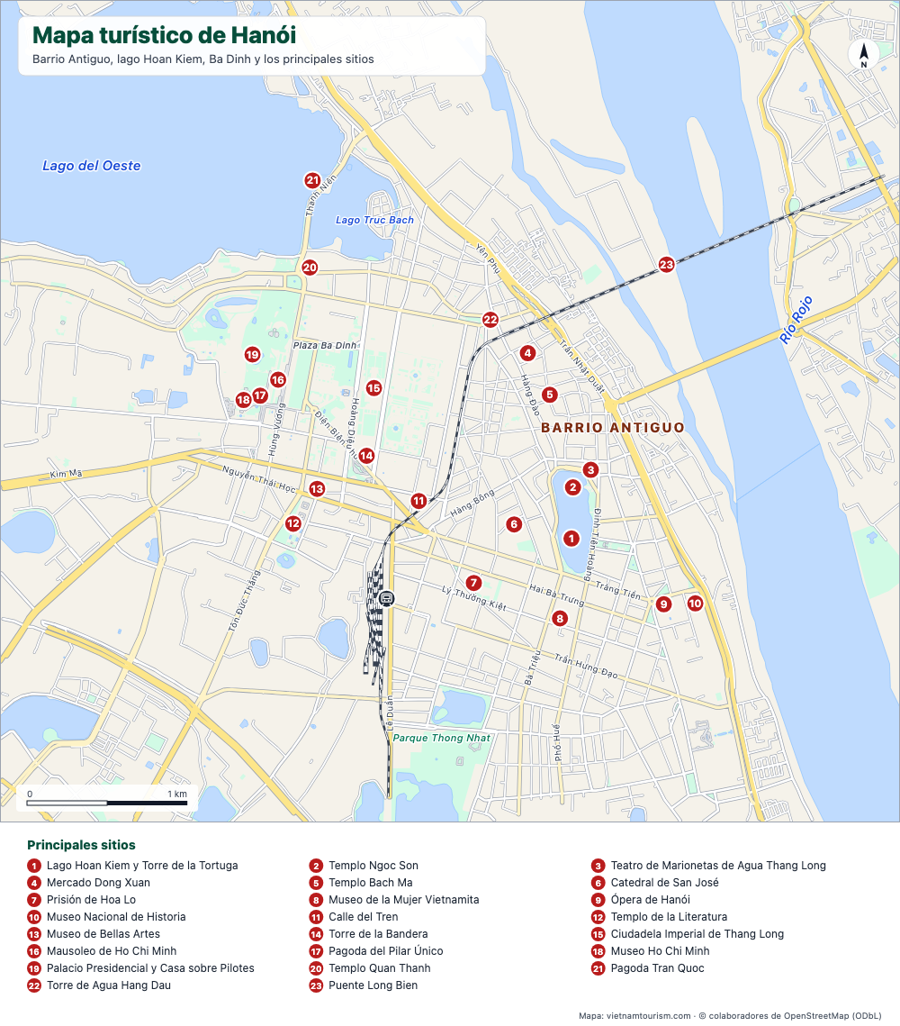 Mapa turístico del centro de Hanói con 23 lugares numerados, calles principales, lagos y el río Rojo