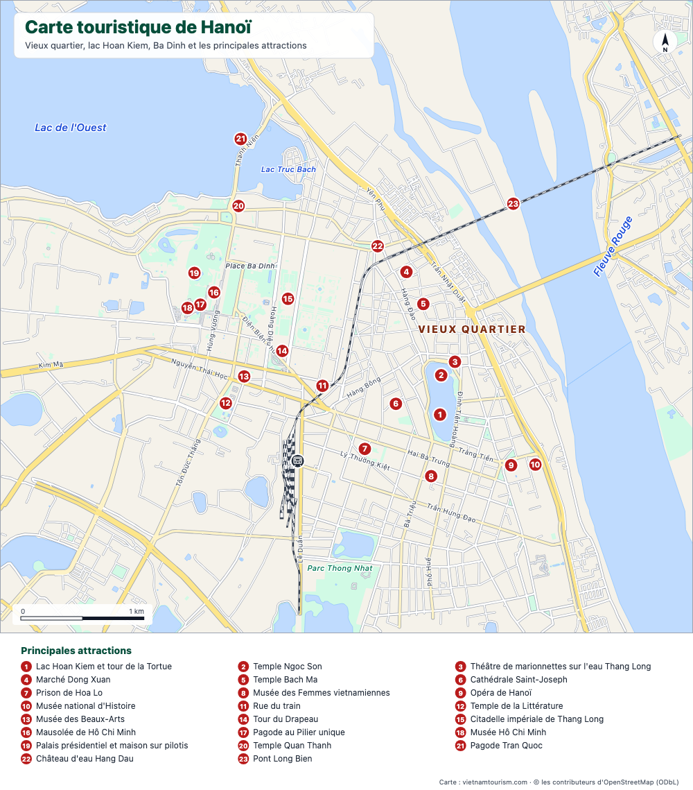 Carte touristique du centre de Hanoï avec 23 attractions numérotées, les grandes rues, les lacs et le Fleuve Rouge