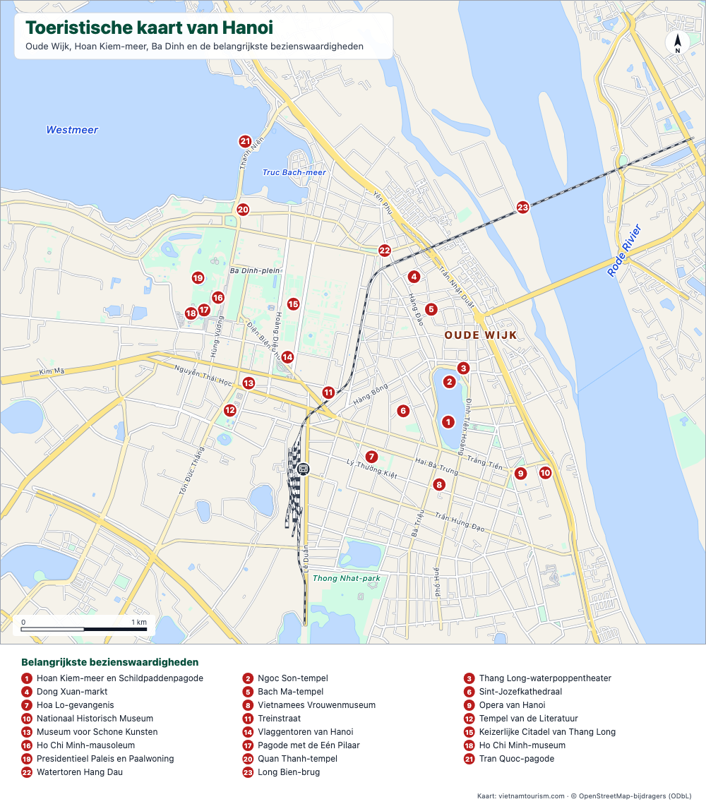 Toeristische kaart van het centrum van Hanoi met 23 genummerde bezienswaardigheden, hoofdstraten, meren en de Rode Rivier