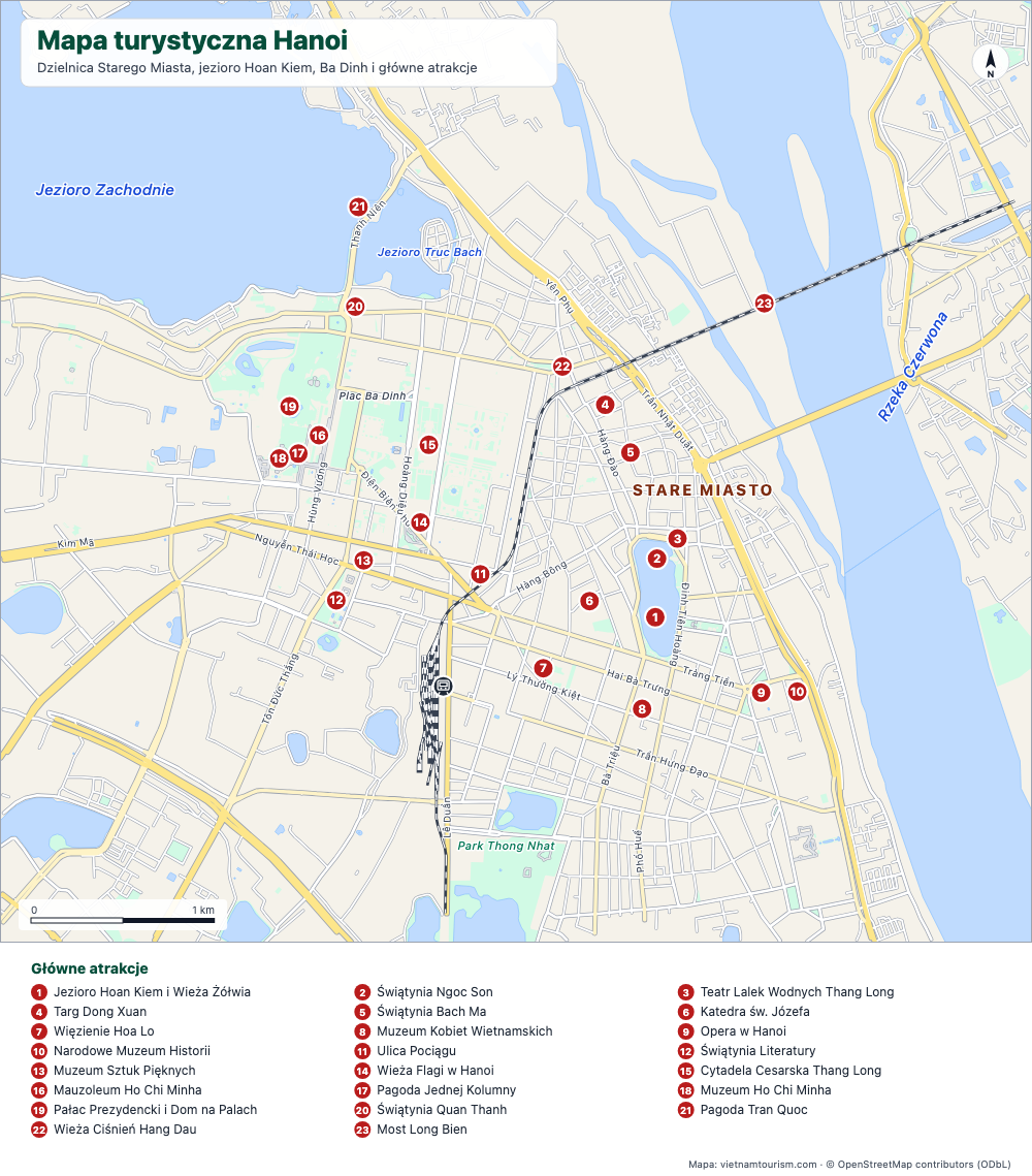 Mapa turystyczna centrum Hanoi z 23 ponumerowanymi miejscami, głównymi ulicami, jeziorami i Rzeką Czerwoną