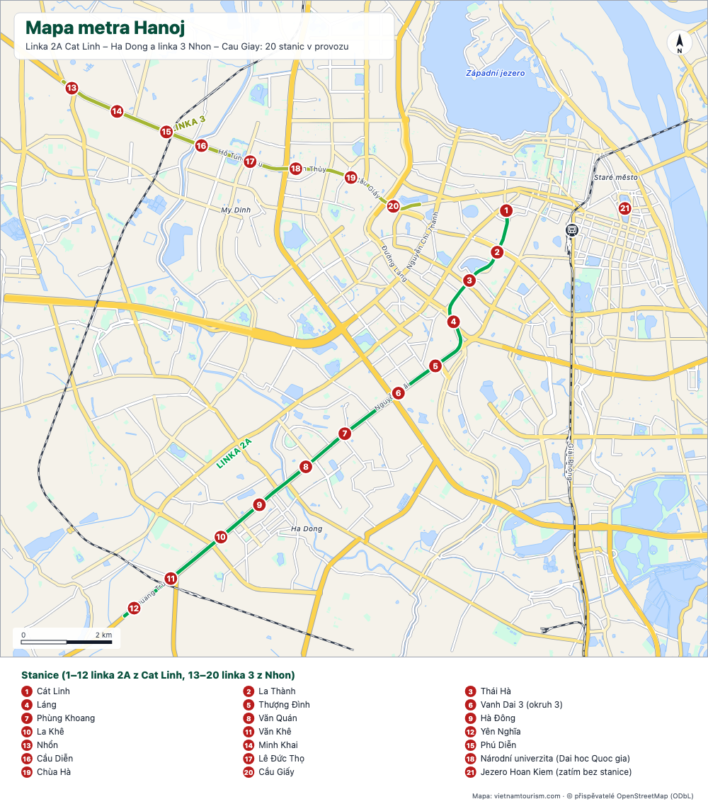 Mapa linek 2A a 3 hanojského metra s 20 očíslovanými stanicemi