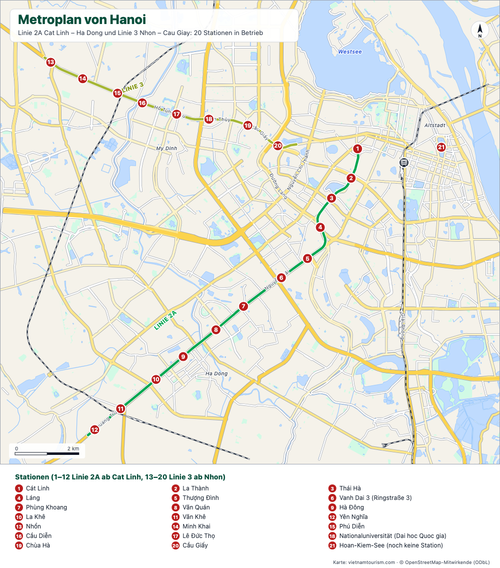 Plan der U-Bahn-Linien 2A und 3 von Hanoi mit ihren 20 nummerierten Stationen