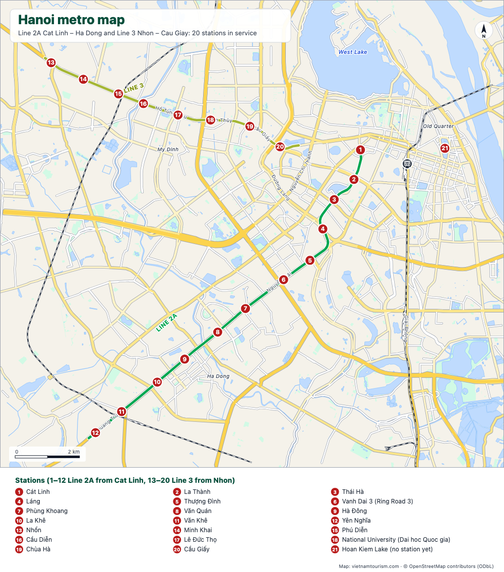 Map of Hanoi metro lines 2A and 3 with their 20 numbered stations