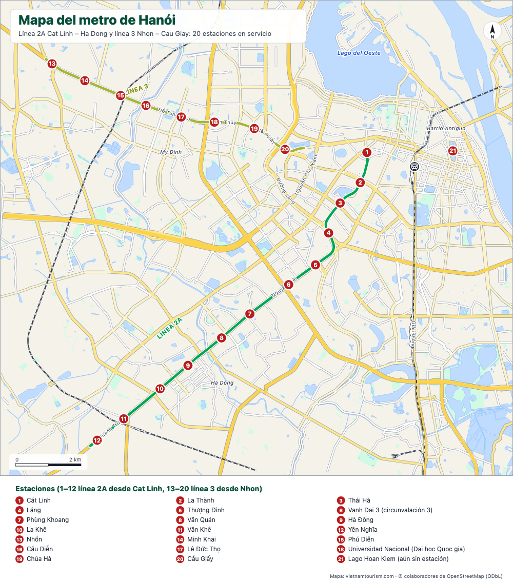 Mapa de las líneas 2A y 3 del metro de Hanói con sus 20 estaciones numeradas