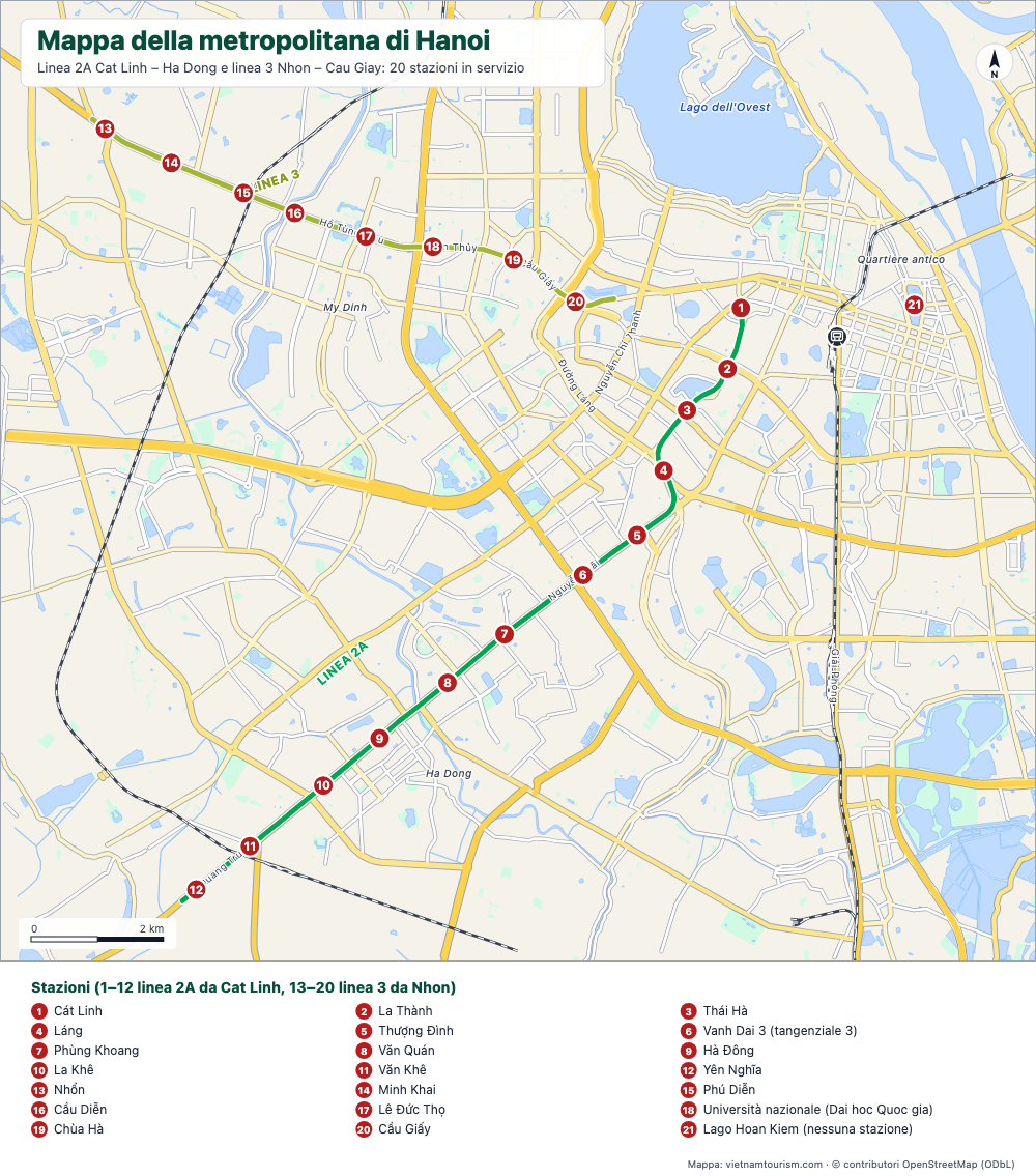 Mappa delle linee 2A e 3 della metropolitana di Hanoi con le loro 20 stazioni numerate