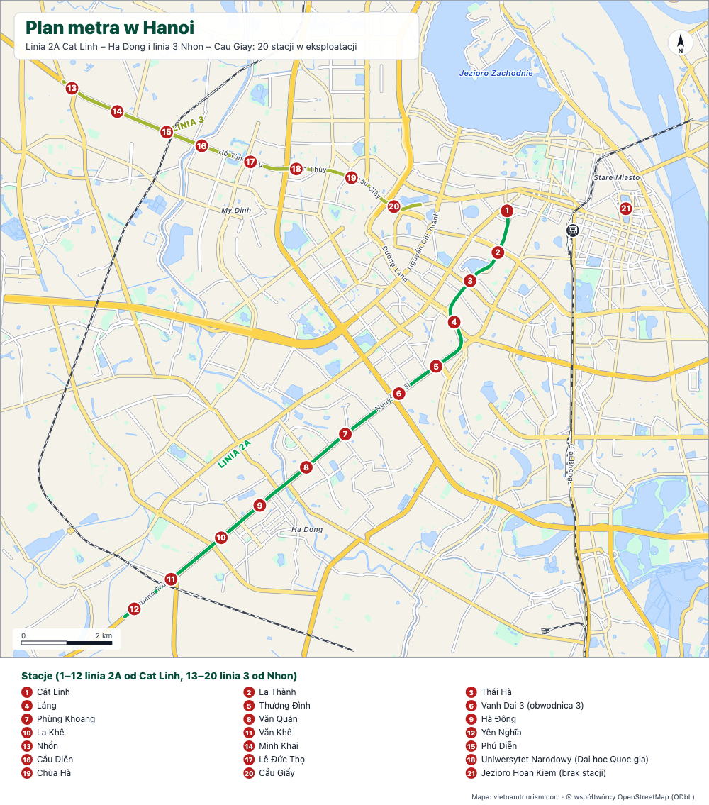 Mapa linii 2A i 3 metra w Hanoi z 20 ponumerowanymi stacjami
