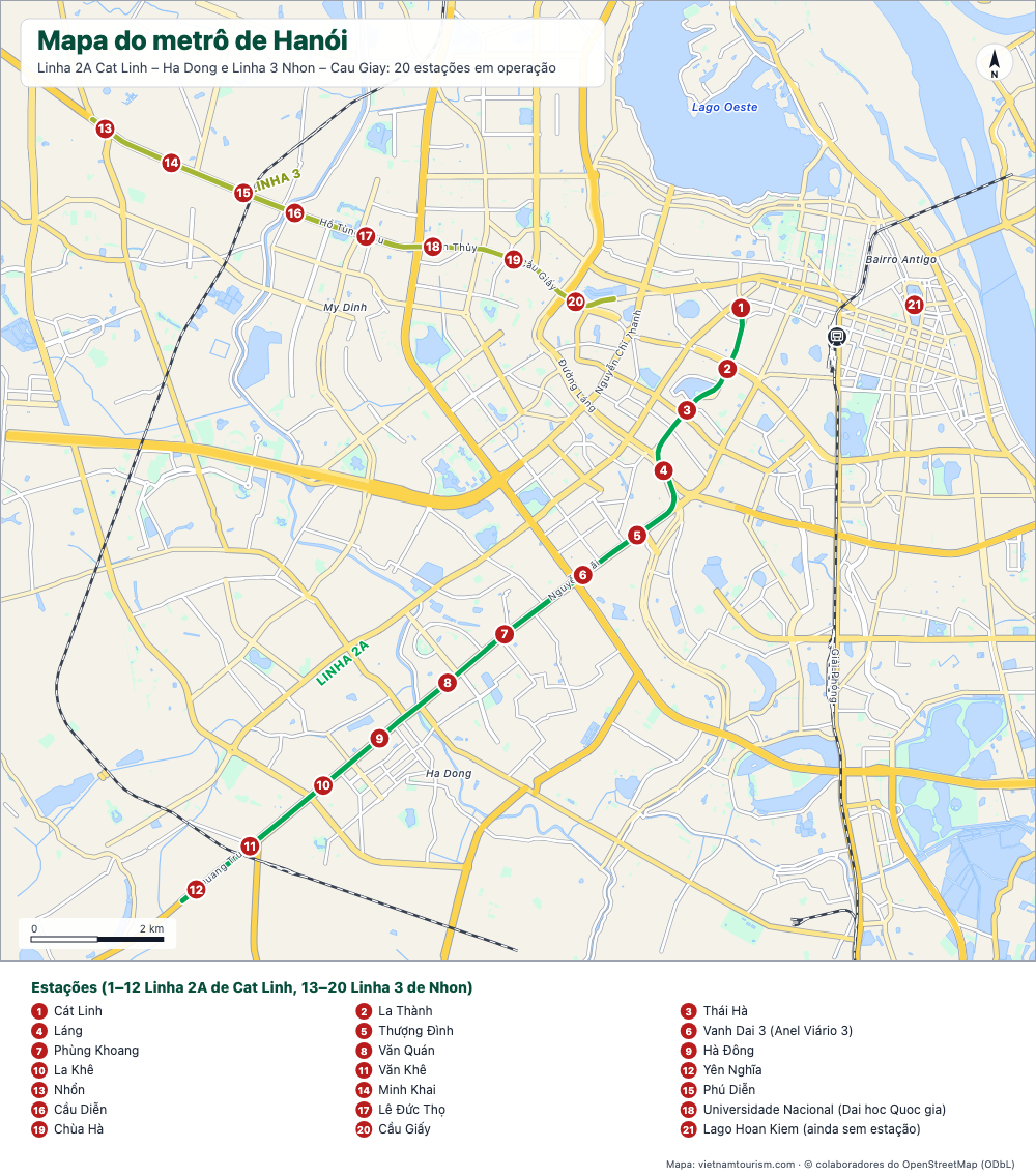 Mapa das linhas 2A e 3 do metrô de Hanói com suas 20 estações numeradas