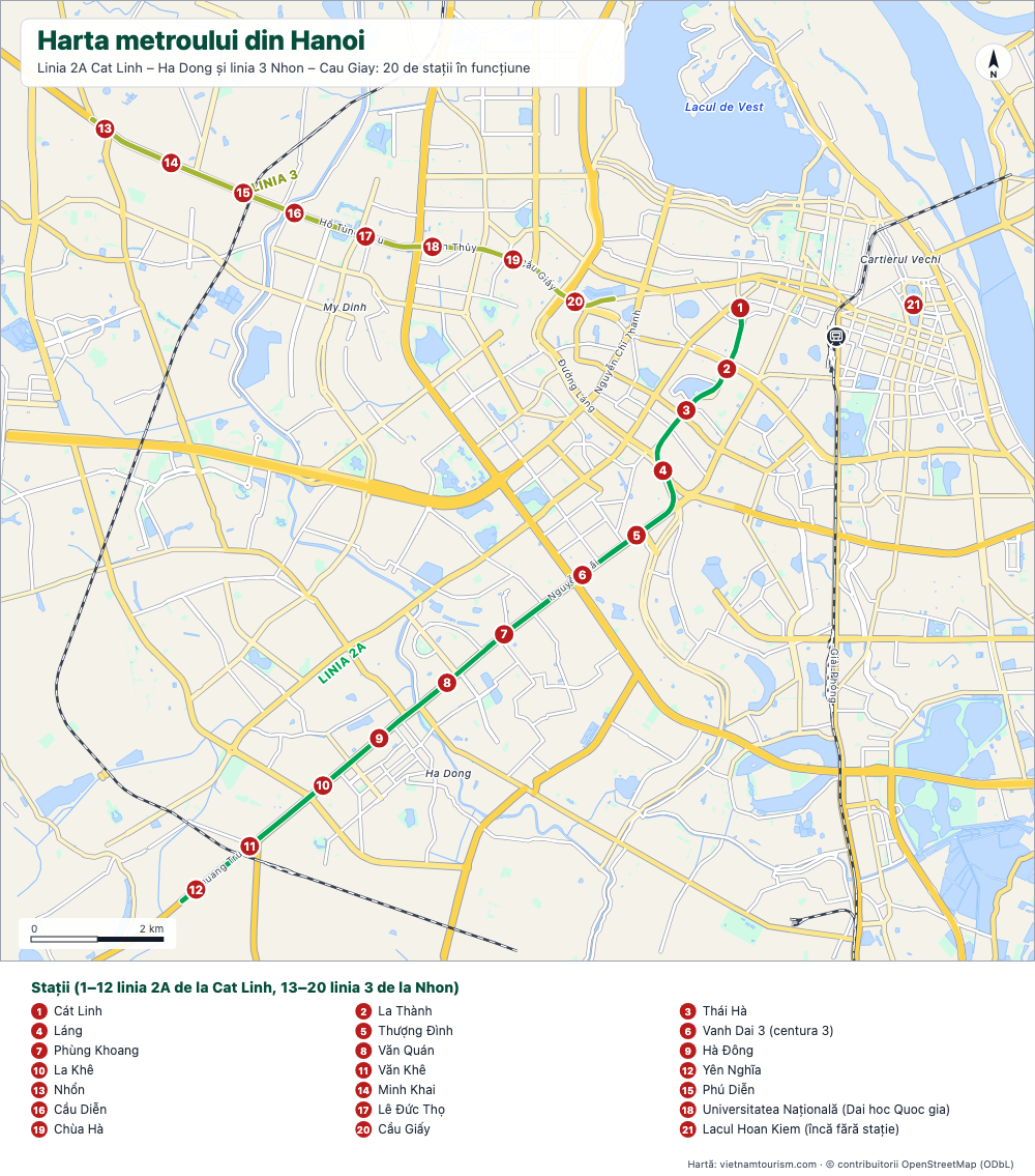 Hartă a liniilor 2A și 3 ale metroului din Hanoi cu cele 20 de stații numerotate