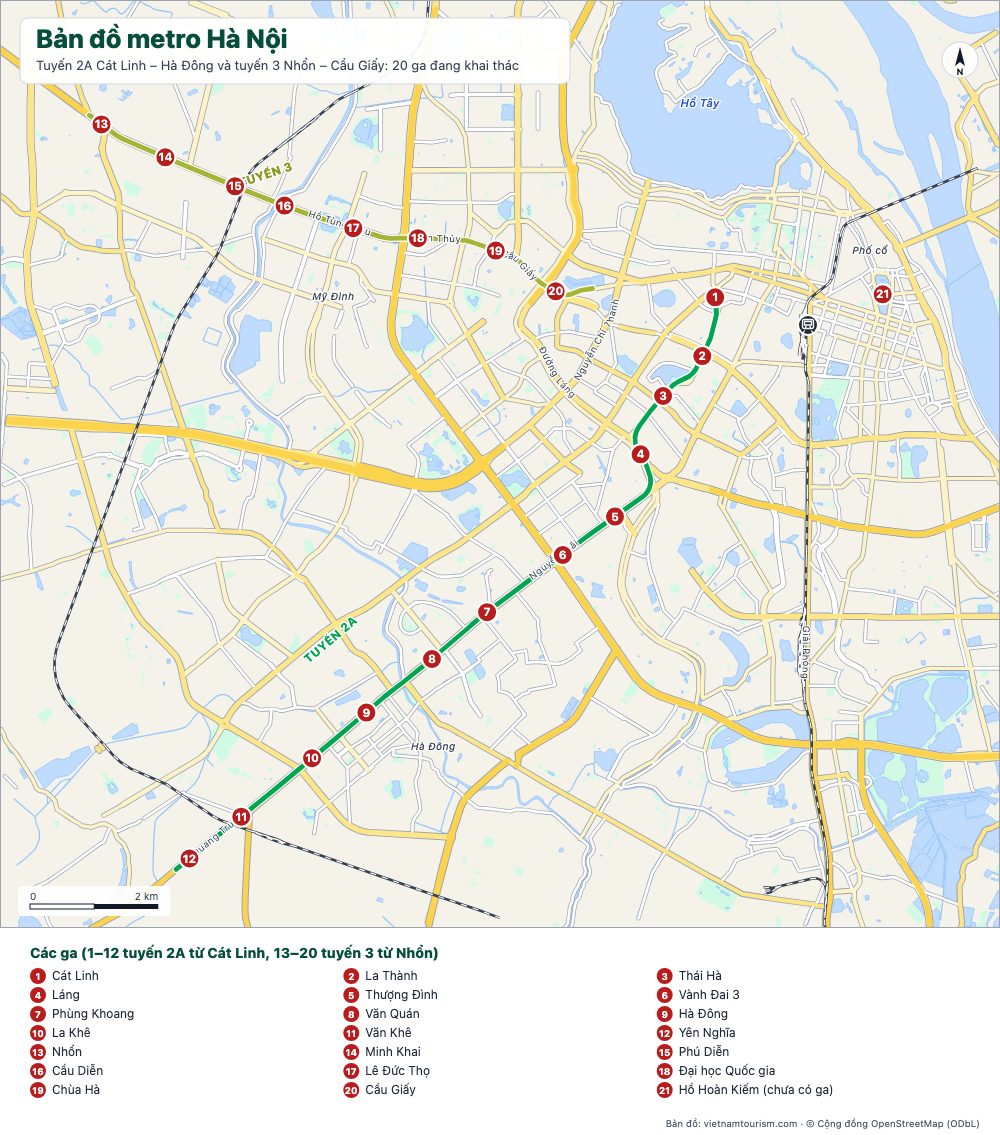 Bản đồ các tuyến metro 2A và 3 của Hà Nội với 20 ga được đánh số