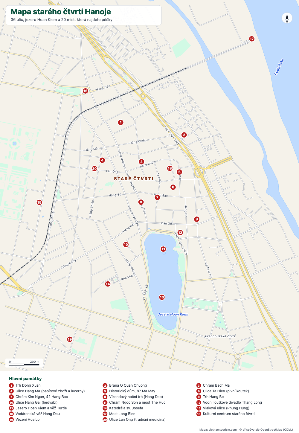 Mapa staré čtvrti Hanoje s názvy ulic a 20 očíslovanými místy