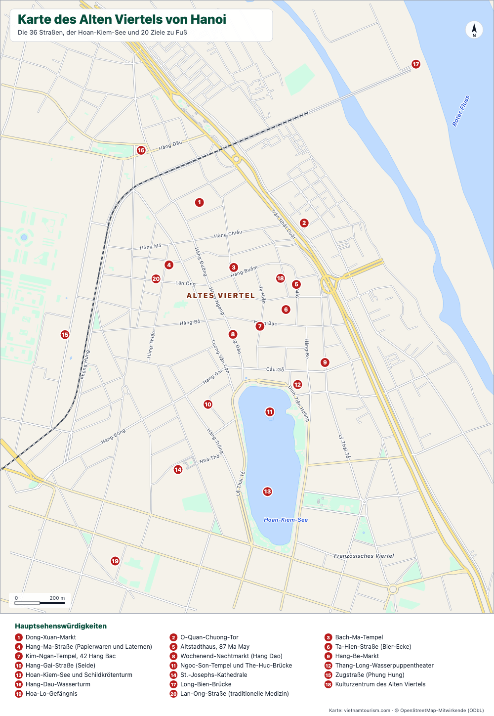 Karte des Altviertels von Hanoi mit benannten Straßen und 20 nummerierten Sehenswürdigkeiten