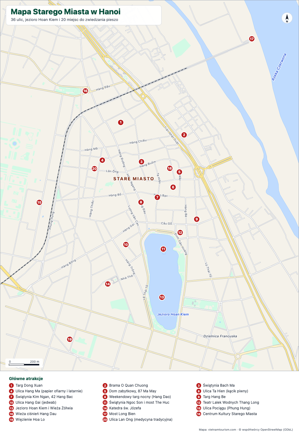 Mapa Starego Kwartału Hanoi z nazwanymi ulicami i 20 numerowanymi miejscami