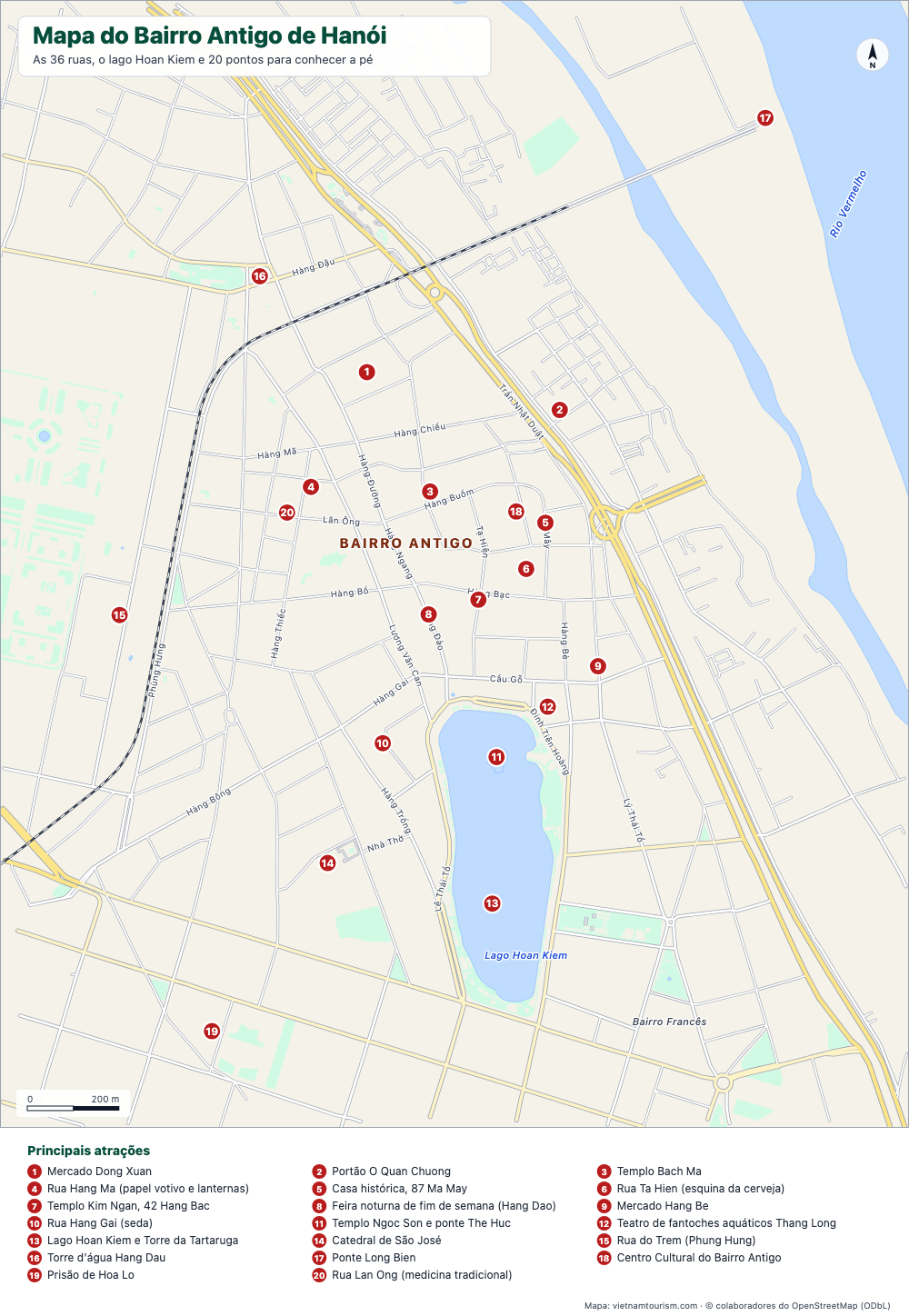 Mapa do Bairro Antigo de Hanói com ruas nomeadas e 20 pontos numerados