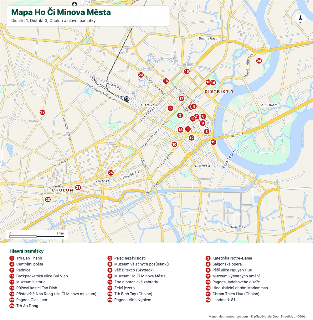 Turistická mapa Ho Či Minova Města s 25 očíslovanými místy, hlavními třídami a řekou Saigon