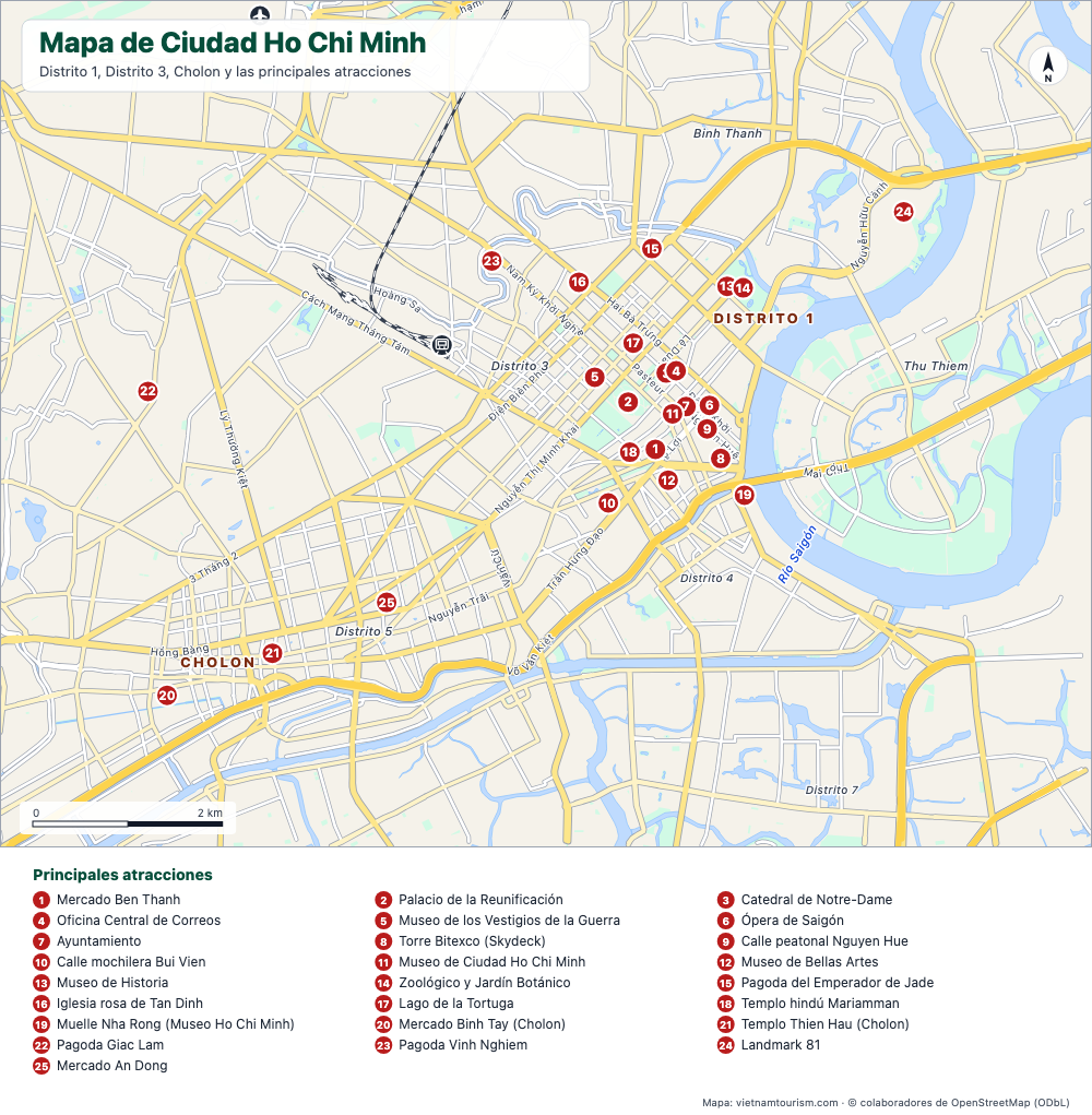 Mapa turístico de Ho Chi Minh con 25 sitios numerados, avenidas principales y el río Saigón
