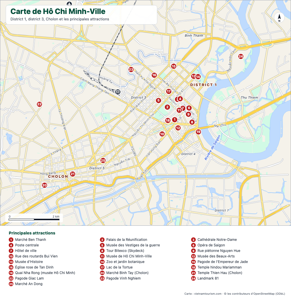 Carte touristique de Hô Chi Minh-Ville avec 25 lieux numérotés, les grandes avenues et la rivière de Saigon