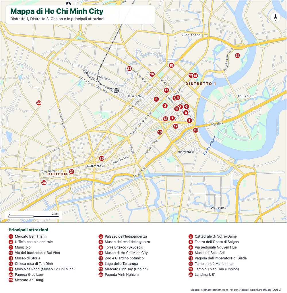 Mappa turistica di Ho Chi Minh City con 25 luoghi numerati, i viali principali e il fiume Saigon