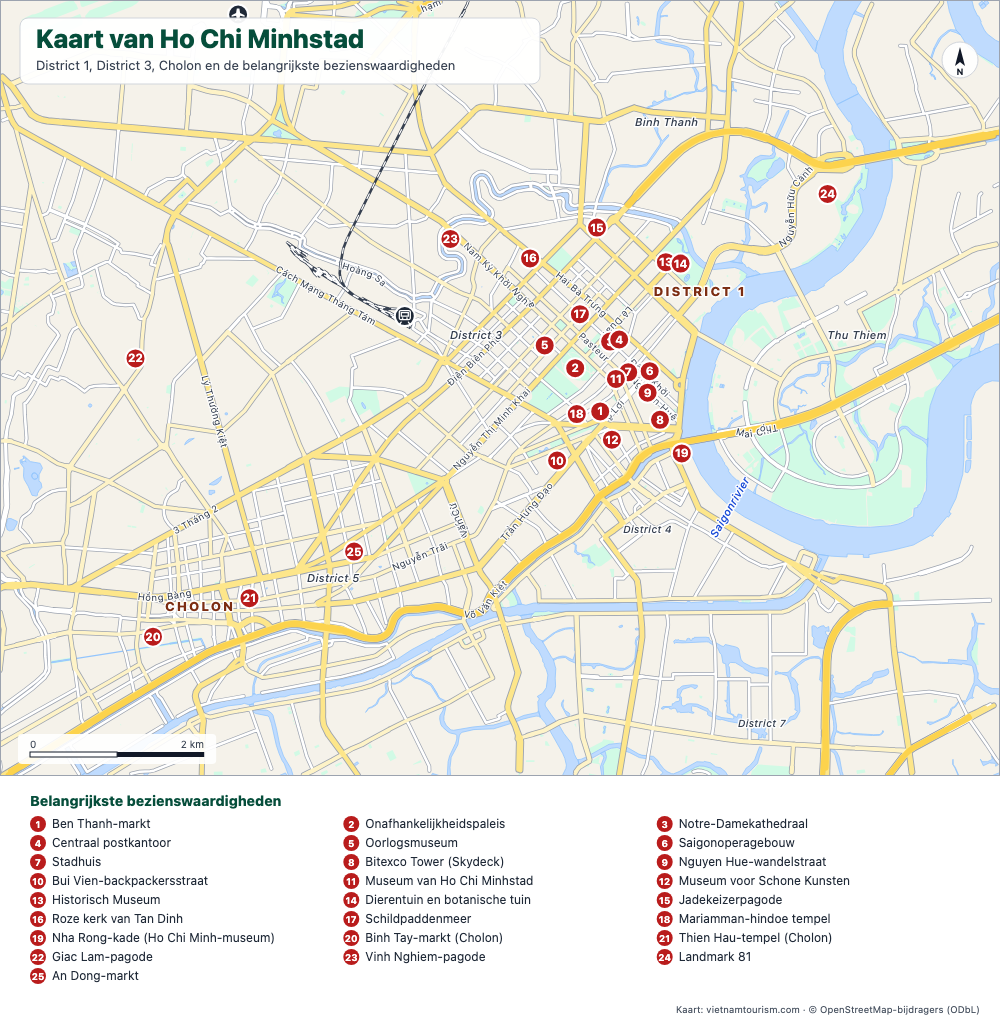 Toeristische kaart van Ho Chi Minhstad met 25 genummerde bezienswaardigheden, hoofdlanen en de Saigon-rivier