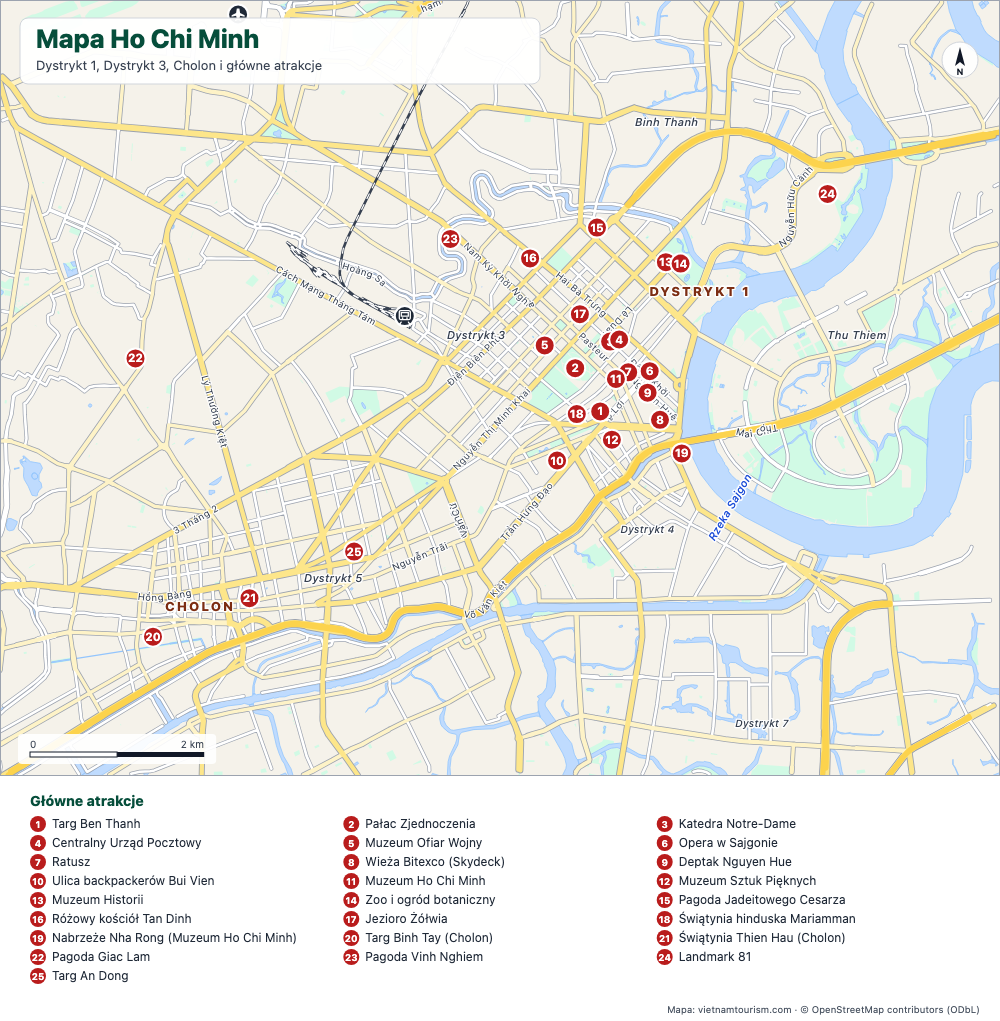 Mapa turystyczna Ho Chi Minh z 25 ponumerowanymi miejscami, głównymi alejami i rzeką Sajgon