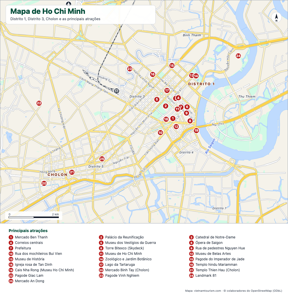 Mapa turístico de Ho Chi Minh com 25 pontos numerados, as principais avenidas e o rio Saigon