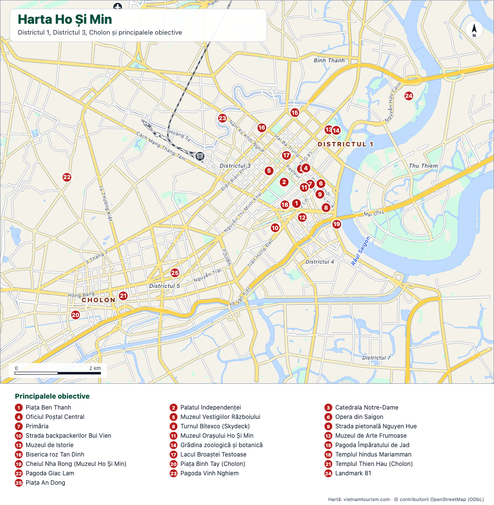 Hartă turistică a Ho Și Min cu 25 de obiective numerotate, bulevardele principale și râul Saigon