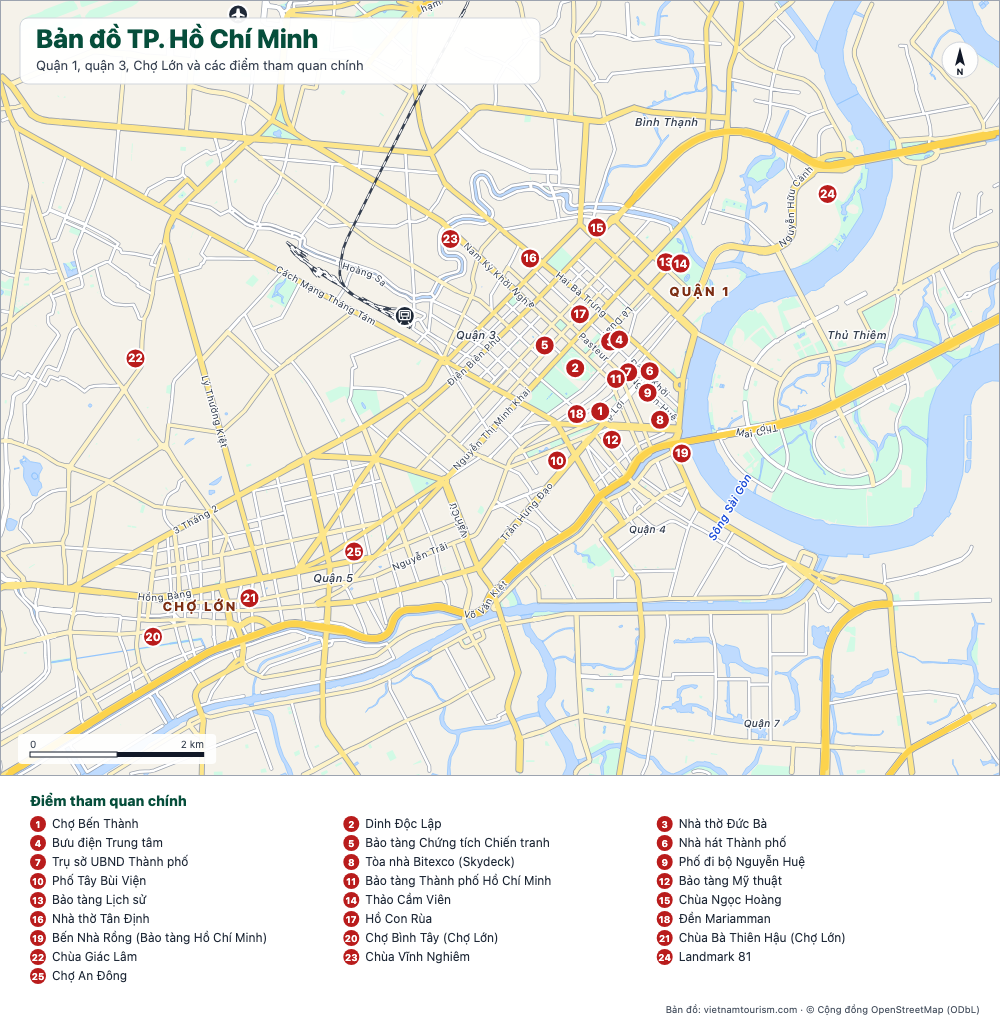 Bản đồ du lịch TP. Hồ Chí Minh với 25 điểm đến được đánh số, các đại lộ chính và sông Sài Gòn