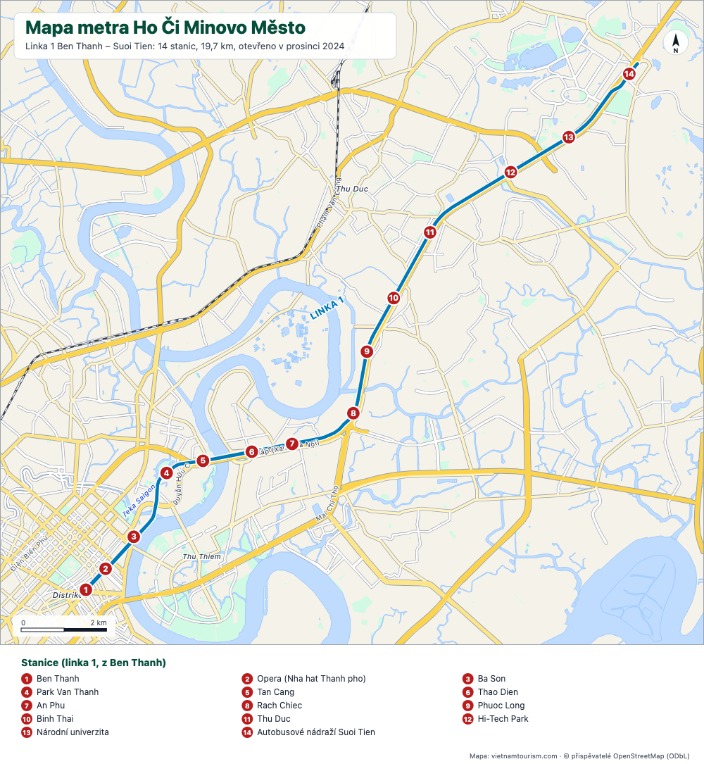 Mapa linky 1 metra v Ho Či Minově Městě se 14 očíslovanými stanicemi
