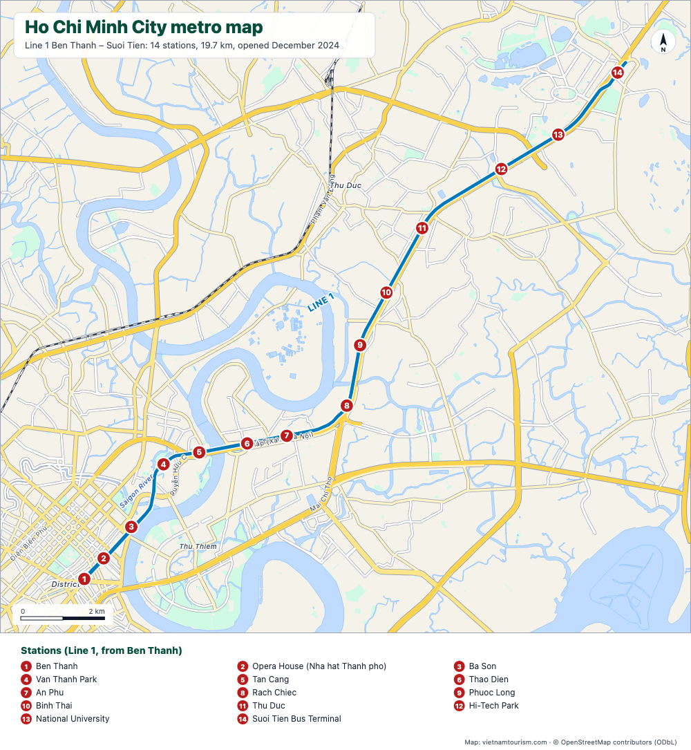Map of Ho Chi Minh City metro Line 1 with its 14 numbered stations