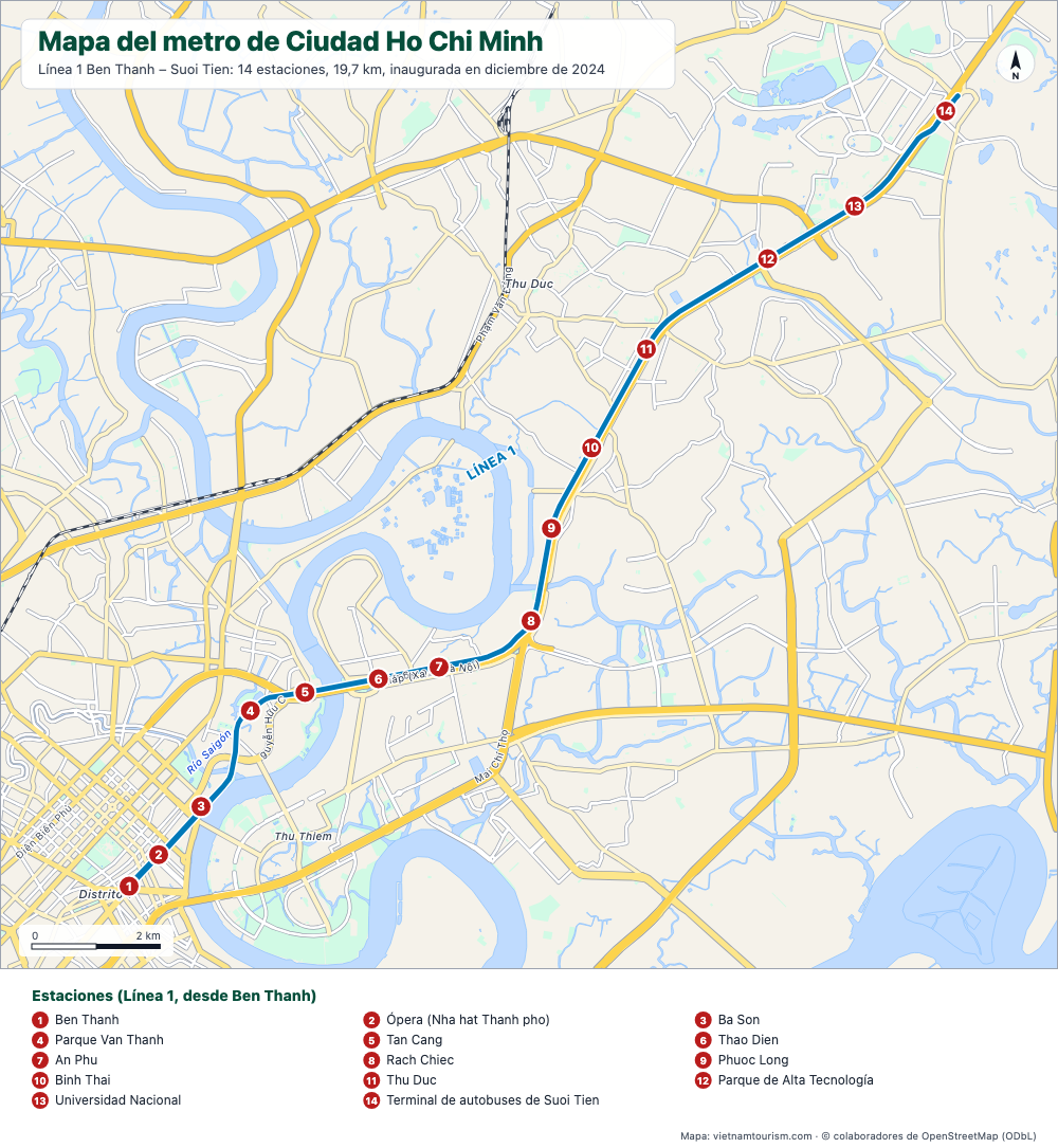 Mapa de la Línea 1 del metro de Ho Chi Minh City con sus 14 estaciones numeradas