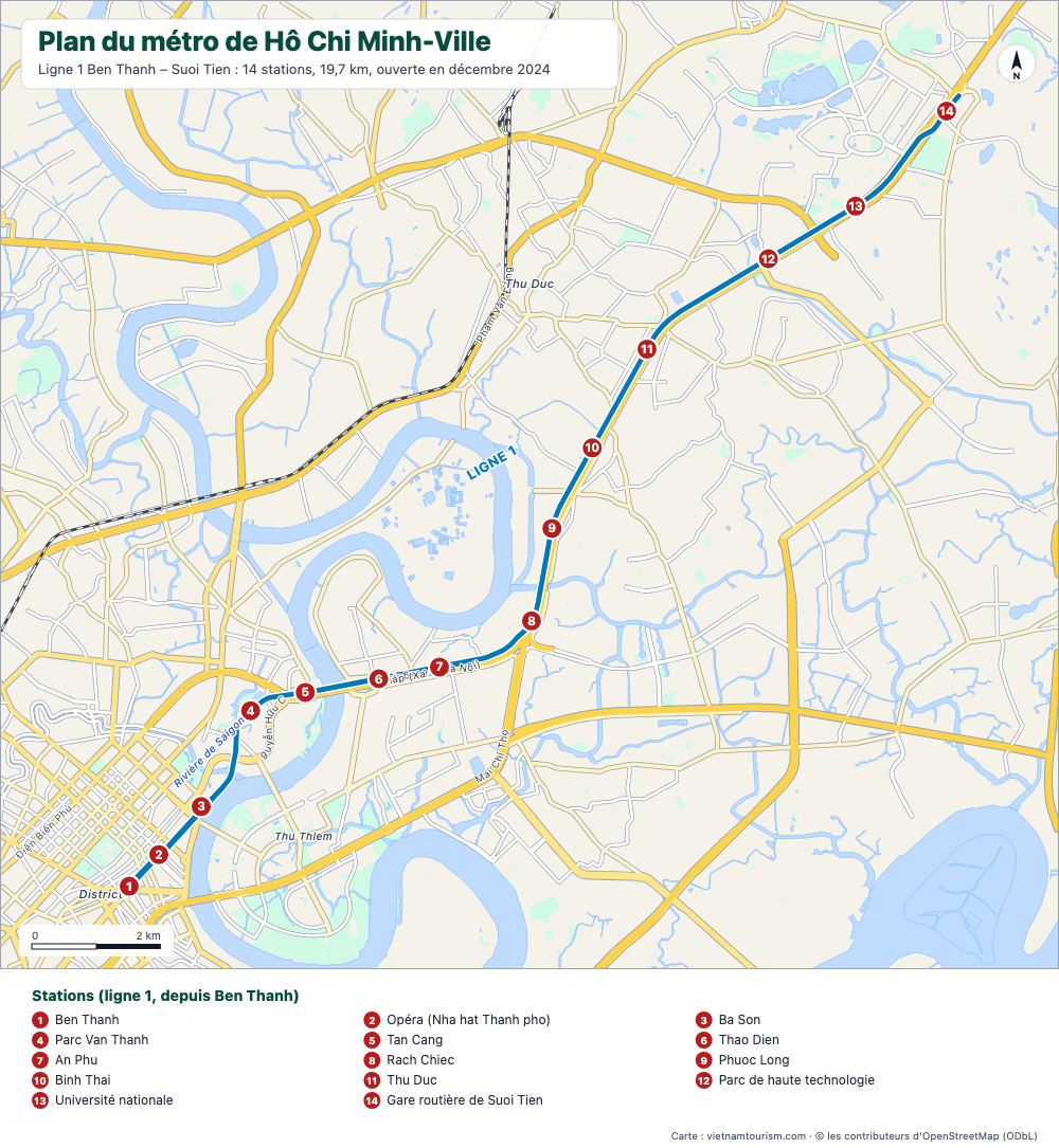Plan de la ligne 1 du métro de Hô Chi Minh-Ville avec ses 14 stations numérotées