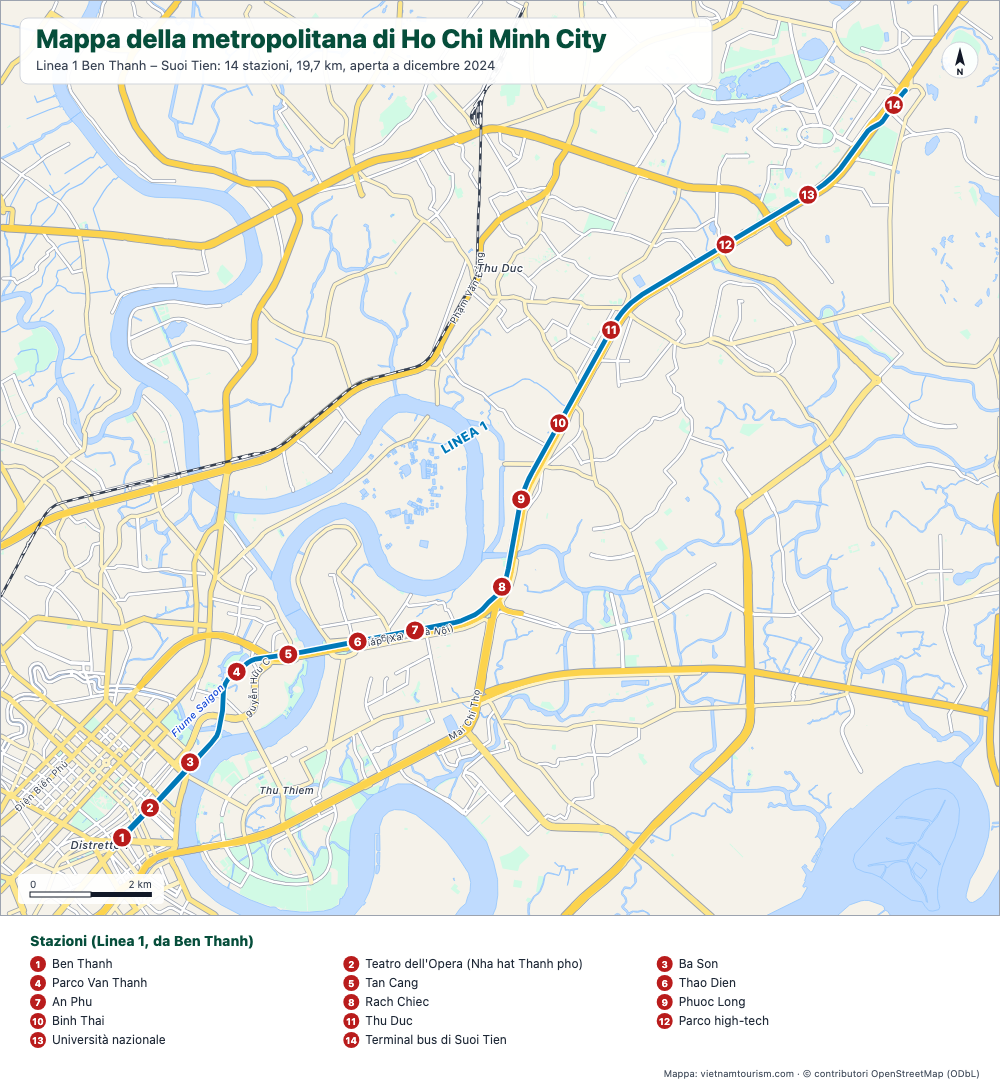 Mappa della Linea 1 della metropolitana di Ho Chi Minh City con le sue 14 stazioni numerate