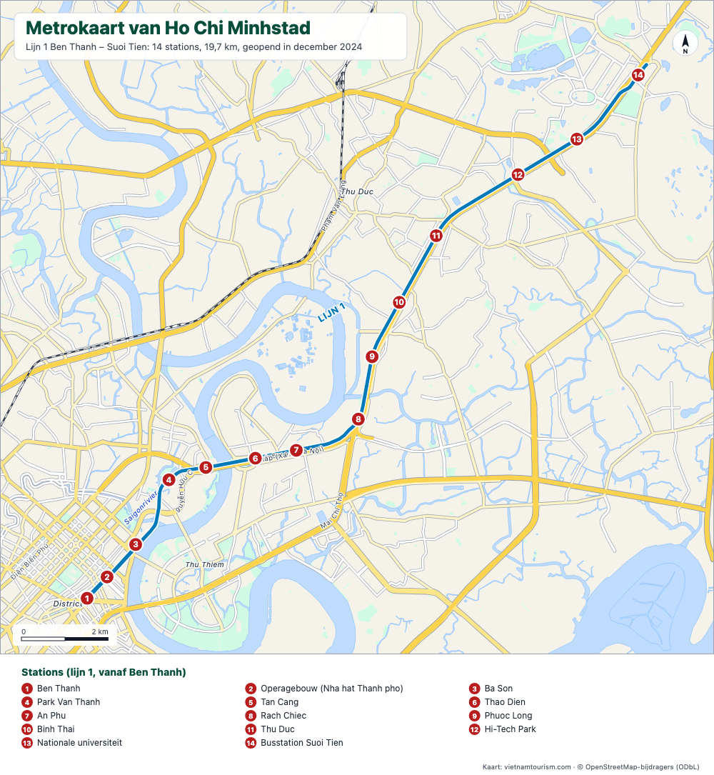 Kaart van metrolijn 1 van Ho Chi Minhstad met 14 genummerde stations