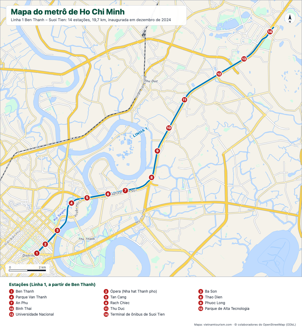 Mapa da Linha 1 do metrô de Ho Chi Minh com suas 14 estações numeradas