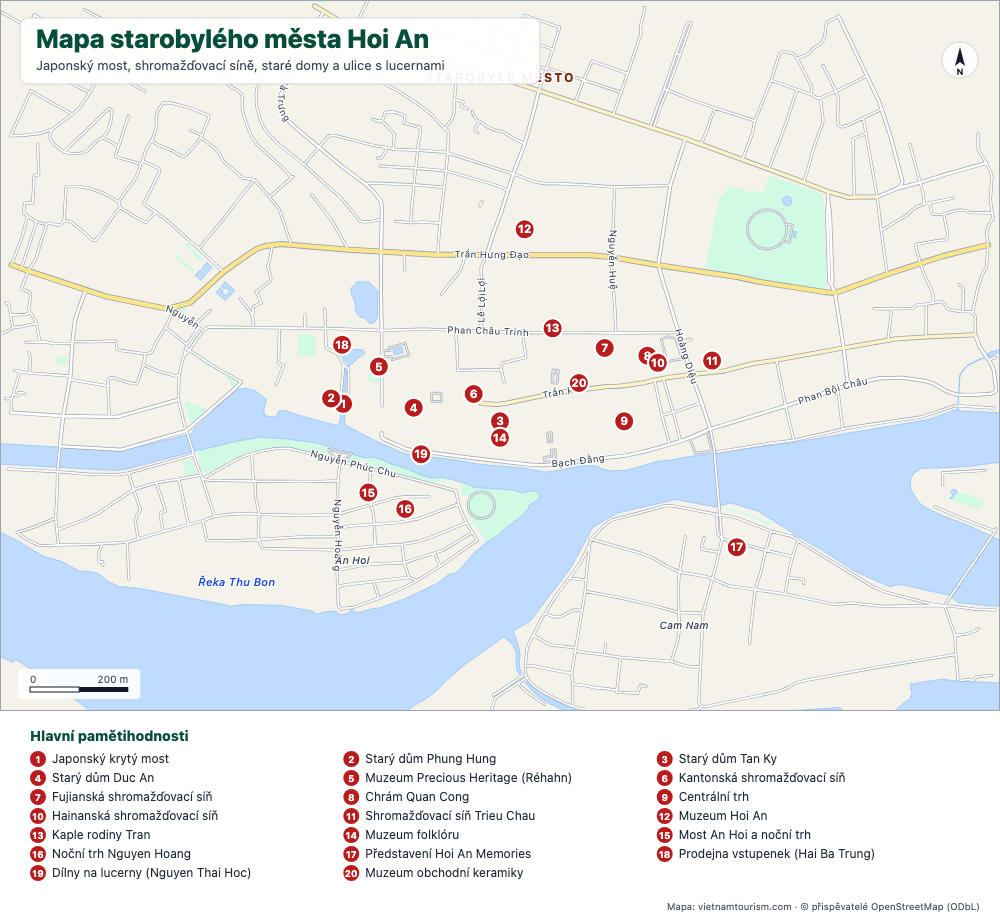 Mapa starověkého města Hoi An s pojmenovanými ulicemi a 20 očíslovanými místy