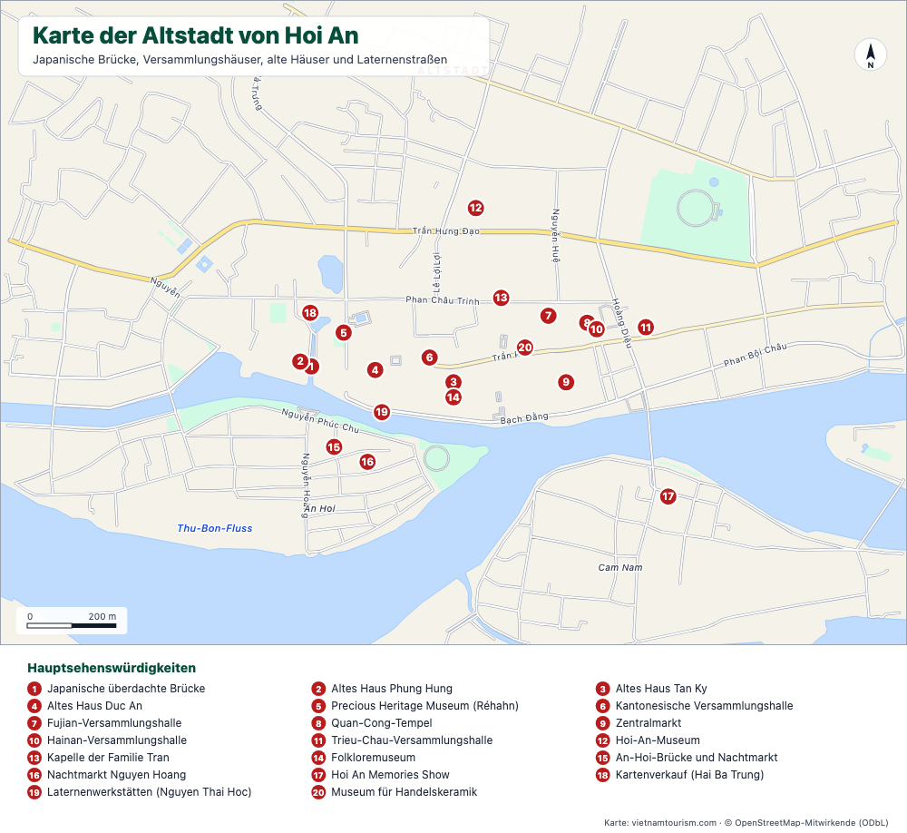 Karte der Altstadt von Hoi An mit benannten Straßen und 20 nummerierten Sehenswürdigkeiten