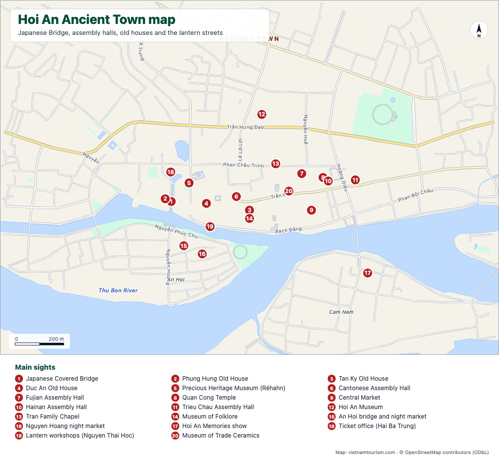 Map of Hoi An Ancient Town with named streets and 20 numbered sights
