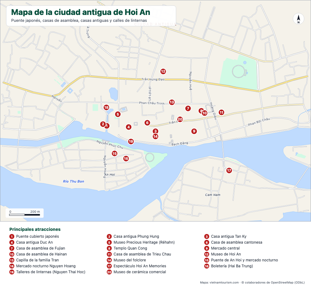 Mapa de la ciudad antigua de Hoi An con calles nombradas y 20 lugares numerados
