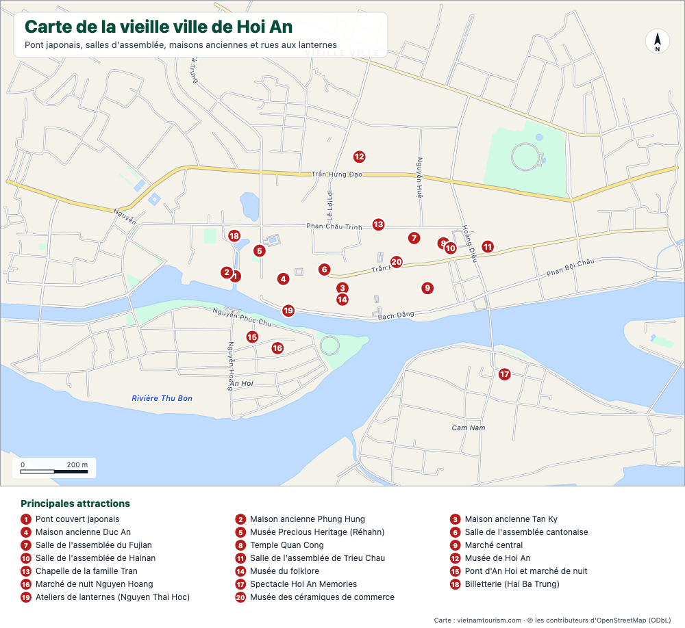 Carte de la vieille ville de Hoi An avec les rues nommées et 20 lieux numérotés
