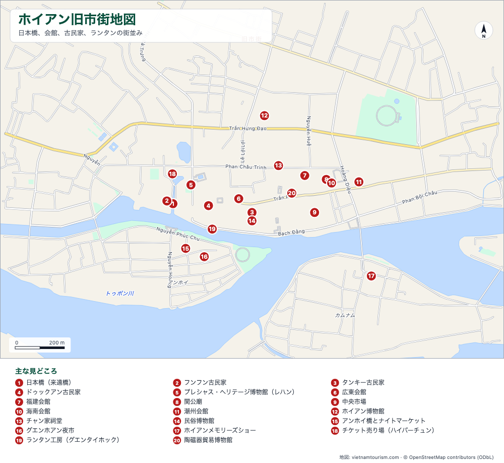 通り名と20の番号付きスポットが記載されたホイアン旧市街の地図