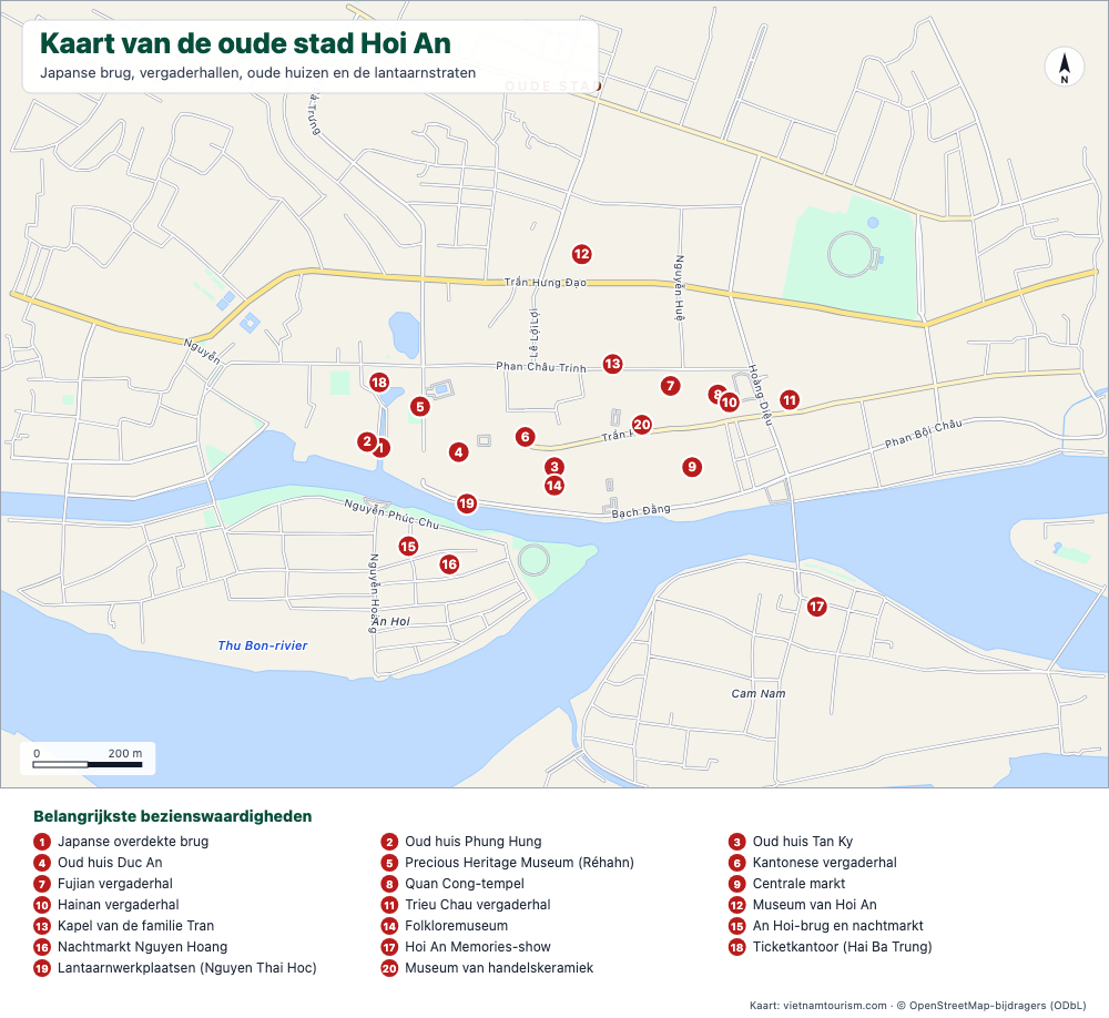 Kaart van de oude stad Hoi An met benoemde straten en 20 genummerde bezienswaardigheden