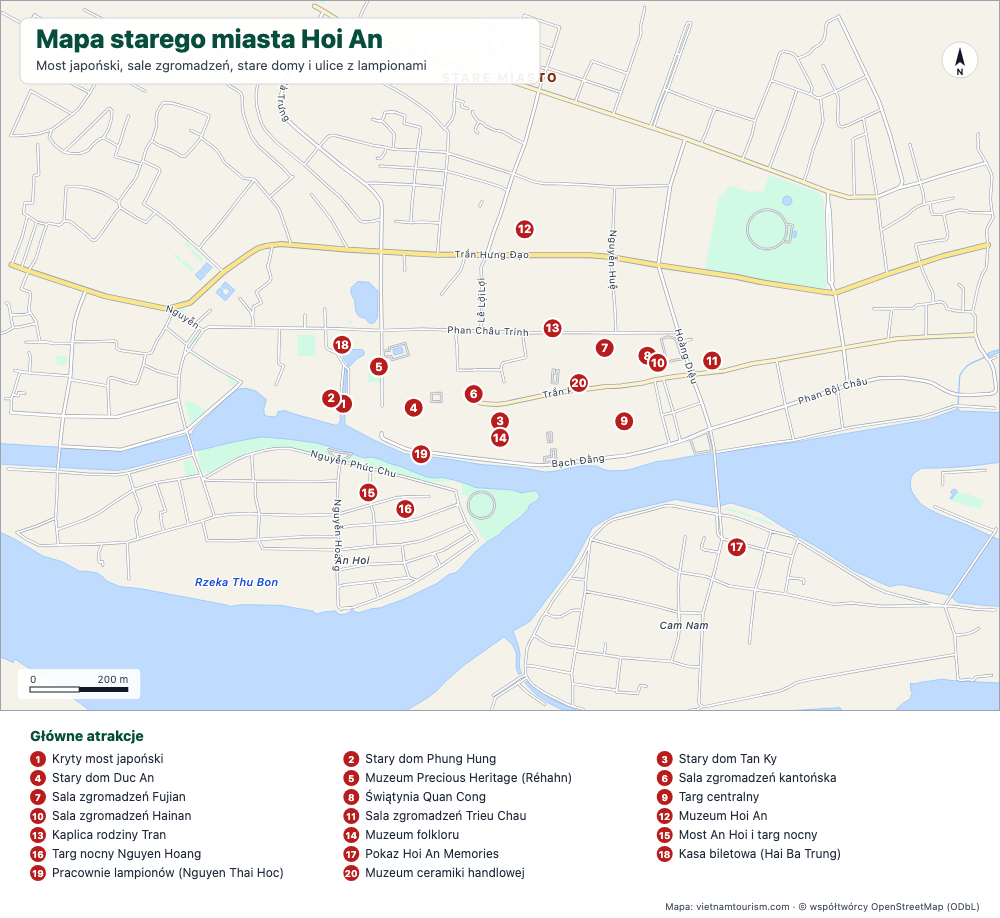 Mapa starożytnego miasta Hoi An z nazwanymi ulicami i 20 ponumerowanymi miejscami