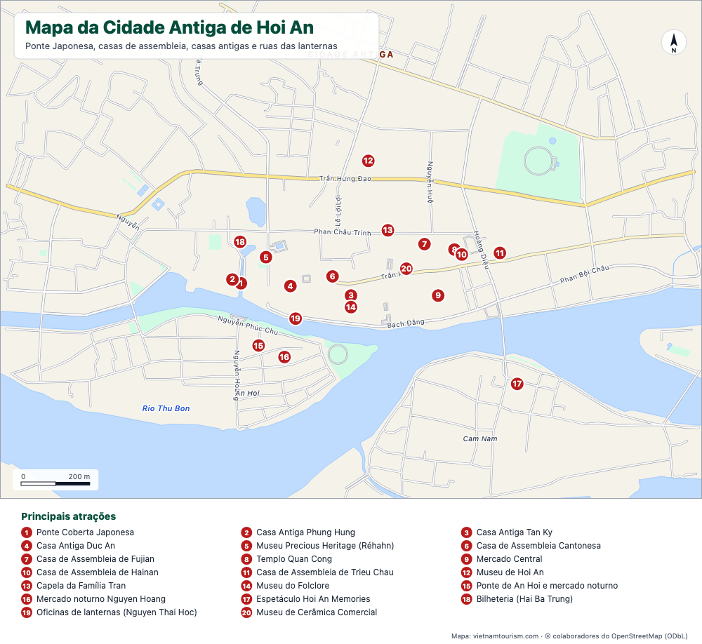 Mapa da Cidade Antiga de Hoi An com ruas nomeadas e 20 pontos numerados